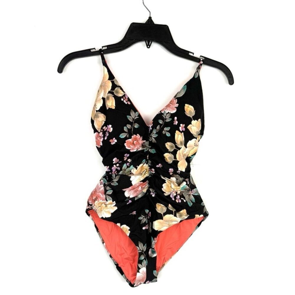 Becca Women’s Black Floral V Neck One Piece Swimsuit Size S